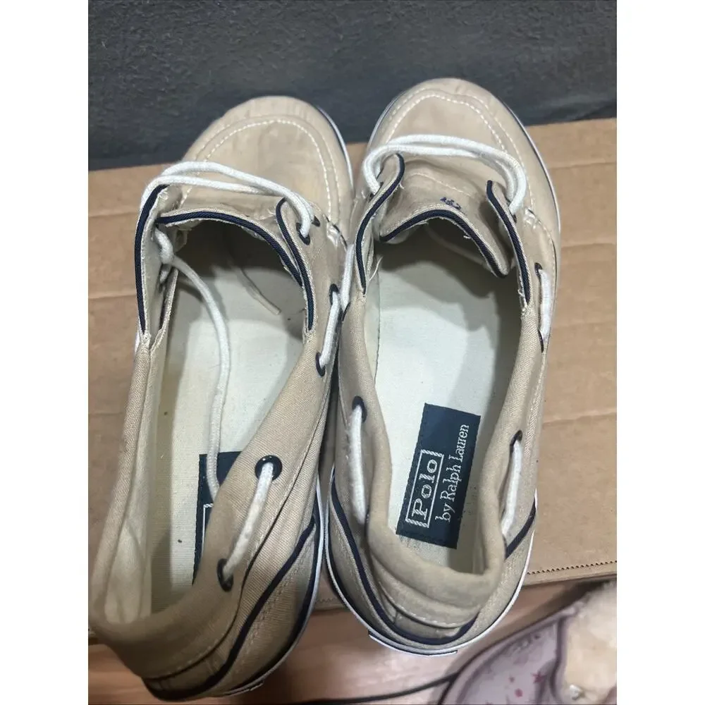Polo Ralph Lauren Lander Boat Shoes Beige Canvas With Blue Pony Mens Size 12D